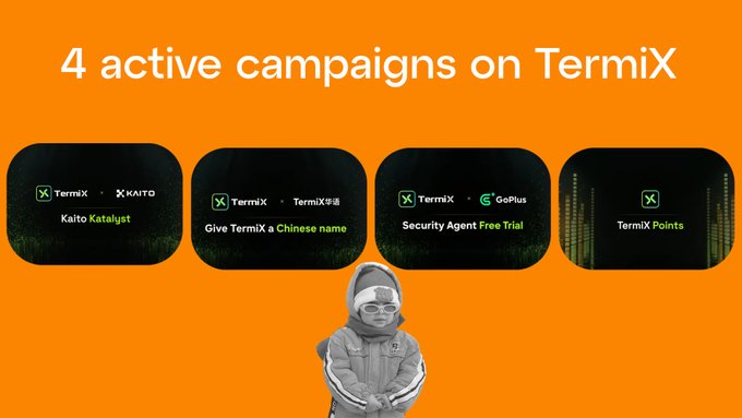 An orange graphic titled '4 active campaigns on TermiX' showing four campaign cards (Kaito Katalyst, Chinese name, Security Agent Free Trial, TermiX Points) above a hooded figure image.