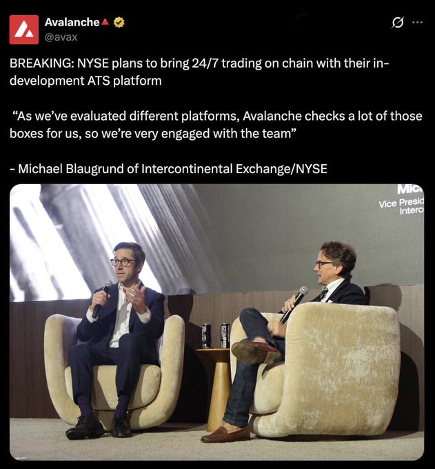 A tweet from Avalanche (@avax) stating 'BREAKING: NYSE plans to bring 24/7 trading on chain with their in-development ATS platform,' quoting Michael Blaugrund of Intercontinental Exchange/NYSE, accompanied by a photo of two men in suits having a discussion.