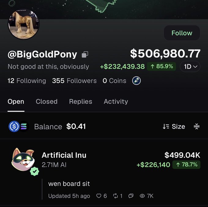 A screenshot of a Polymarket profile for '@BigGoldPony' showing a portfolio value of $506,980.77, up 85.9%, with a holding of 'Artificial Inu' (2.71M AI) valued at $499.04K.