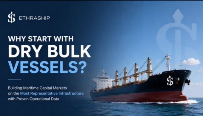 Ethrship advertisement asking 'WHY START WITH DRY BULK VESSELS?' with subtitle 'Building Maritime Capital Markets on the Most Representative Infrastructure with Proven Operational Data', showing a large cargo ship at sea.