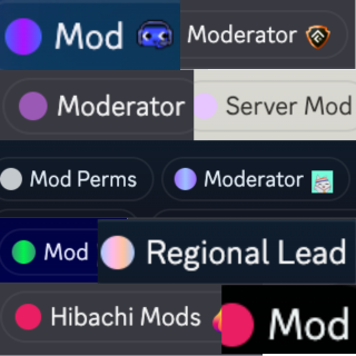 The image displays a collection of Discord-style role badges labeled "Moderator" or "Mod," including variations like "Server Mod," "Mod Perms," "Regional Lead," and "Hibachi Mods," visually representing the moderator positions referenced in the post about Web3 moderator salaries and airdrop compensation.