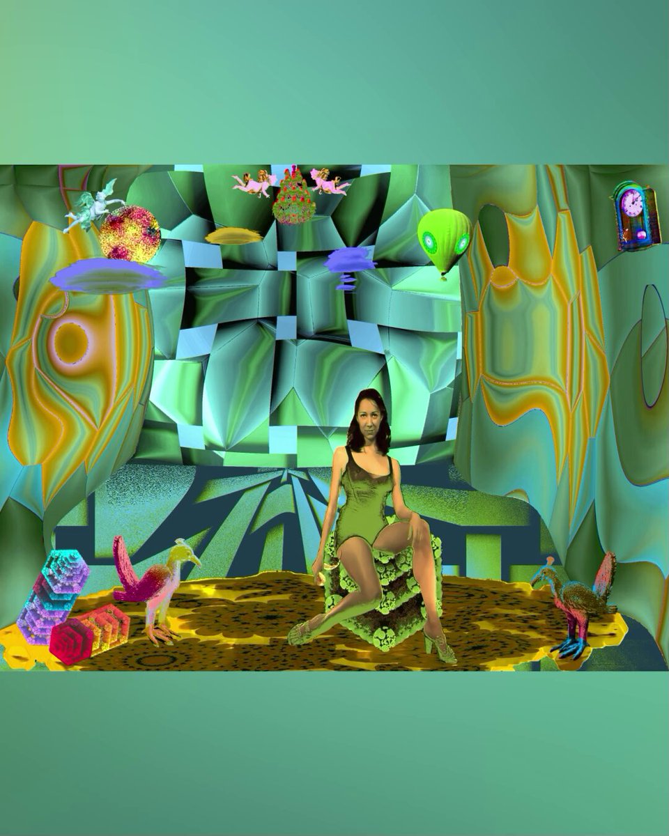 The image features a woman sitting on a chair, surrounded by various objects such as balloons, flowers, and other decorations. The scene appears to be set in an art gallery or a digital art piece that incorporates elements of nature and music. The woman is positioned towards the center of the image, with her back facing the viewer. The background features a green color scheme, which complements the overall theme of the artwork.