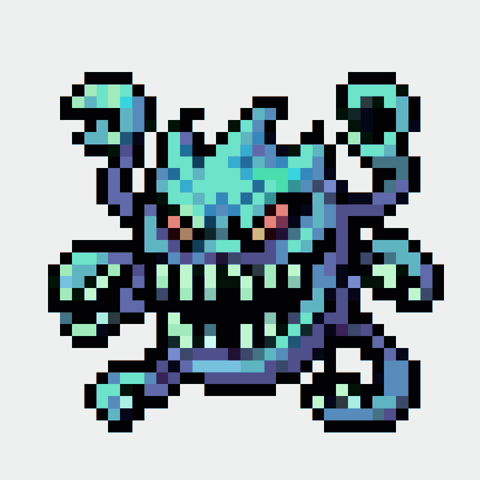 A pixel art sprite of a blue and teal monstrous character with multiple arms, large claws, and an aggressive, toothy grin.