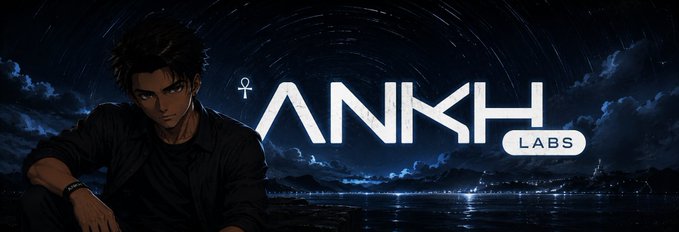 A banner for "ANKH LABS" featuring an anime-style male character with dark hair on the left, set against a starry night sky over water with the logo and ankh symbol on the right.