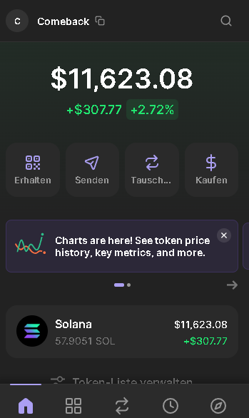 A screenshot of the Phantom crypto wallet app showing a portfolio balance of $11,623.08 in Solana (SOL), up $307.77 (+2.72%). The image supports the post's nostalgic request to revert to Phantom's older UI design while also highlighting the current SOL price.