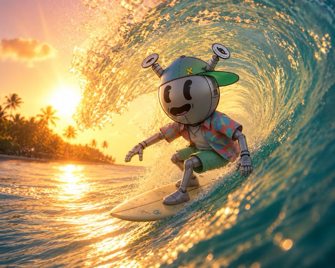 A 3D-rendered image of a cheerful robot character wearing a green cap and Hawaiian shirt surfing a wave at sunset.
