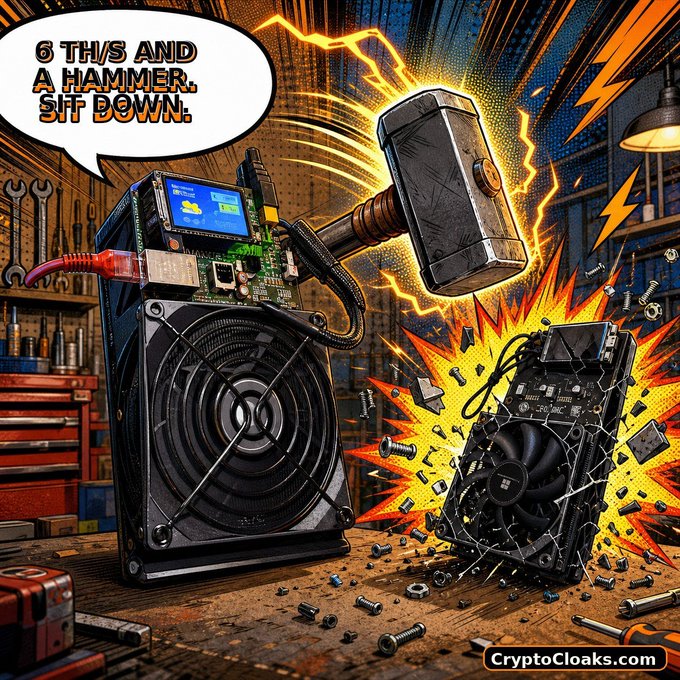 A comic-style image shows a fan and circuit board with a hammer smashing a smaller fan, with a speech bubble reading "6 TH/S AND A HAMMER. SIT DOWN." The bold, aggressive imagery of the hammer destroying the competition reinforces the post's "HAMMER TIME" message about the new device's dominant 6 TH/s hashing power.