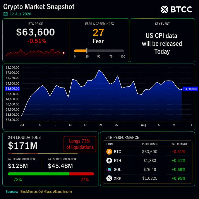 The image shows a Crypto Market Snapshot dated 12 Aug 2026 with BTC trading at $63,600 (-0.51%), a Fear & Greed Index of 27 (Fear), and the upcoming US CPI data release flagged as a key event. With the caption's suggestion to "ape in," the snapshot supports that idea by highlighting fearful market sentiment and a key upcoming event (CPI) that could drive volatility, making it a potential contrarian buying opportunity amid liquidations totaling $171M.