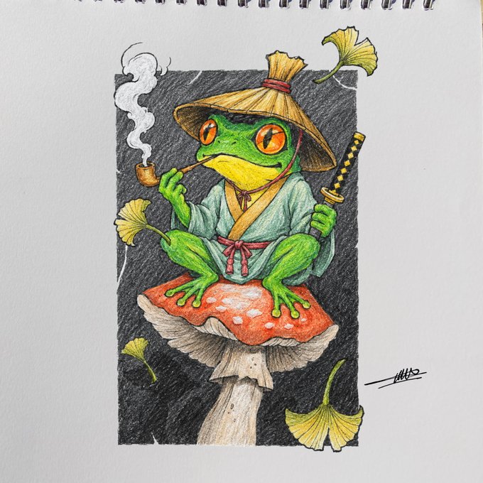 A colored pencil drawing of a green frog dressed as a samurai, wearing a straw hat and traditional robe, sitting on a red-capped mushroom while smoking a pipe, set against a black background.