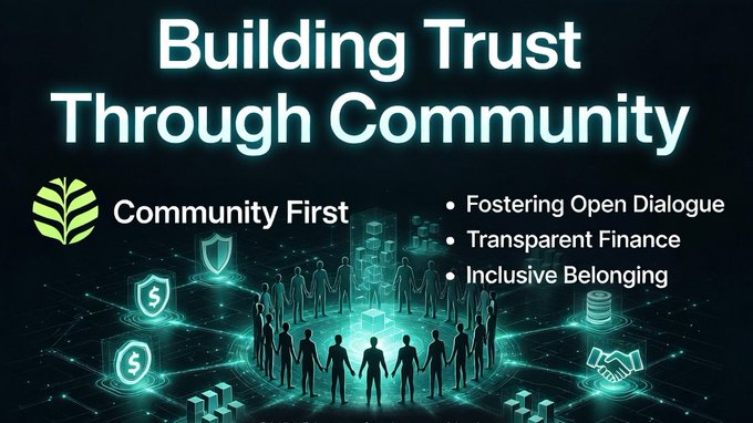 Graphic titled 'Building Trust Through Community' showing silhouettes of people in a circle with icons, listing 'Community First' with points: Fostering Open Dialogue, Transparent Finance, Inclusive Belonging.