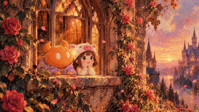 A digital illustration of a child wearing a pink pig hat sitting next to a round orange character on a stone balcony covered in roses, with a fairytale castle visible in the sunset background.