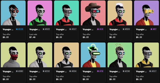 A grid displaying 12 NFT avatars from a 'Voyager' collection, each shown with different accessories (hats, glasses, masks) against colorful backgrounds, with most listed at top offers of $5.22 or $7.46.