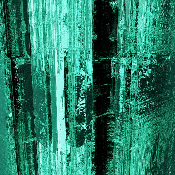 An abstract image featuring vertical streaks of teal and black, creating a glitchy or fractal pattern.