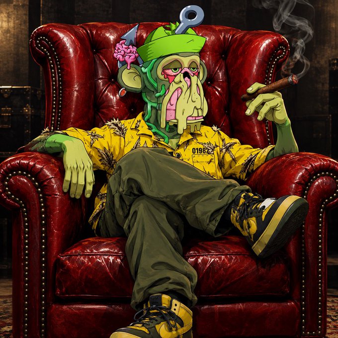 An illustrated cartoon character resembling a zombie zombie version of a figure wears a yellow Hawaiian shirt with leaf patterns, green pants, and a green bandana while smoking a cigar in a red leather armchair.
