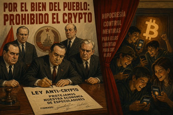 An AI-generated propaganda poster with Spanish text reading "POR EL BIEN DEL PUEBLO: PROHIBIDO EL CRYPTO" and "LEY ANTI-CRYPTO," depicting stern officials banning cryptocurrency while citizens secretly use Bitcoin on their phones under a banner reading "HIPOCRESIA CONTROL MENTIRAS PARA ELLOS LIBERTAD PARA SUS HIJOS."
