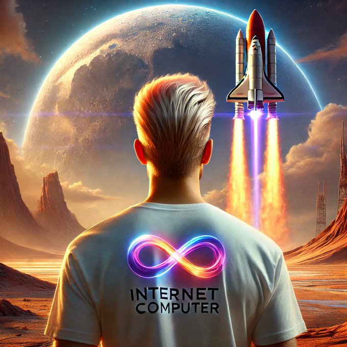 A digital illustration of a person with short blonde hair seen from behind, wearing a white t-shirt with 'INTERNET COMPUTER' and an infinity logo, looking at a space shuttle launching with a planet in the background.
