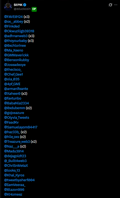 A Twitter/X screenshot showing SEPIK (@educdcoin) listing numerous follower and engagement usernames in blue text on a dark background.