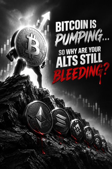 A meme-style graphic reads 'BITCOIN IS PUMPING... SO WHY ARE YOUR ALTS STILL BLEEDING?', depicting a triumphant Bitcoin figure standing atop a mountain while altcoins like Ethereum and Solana bleed below.