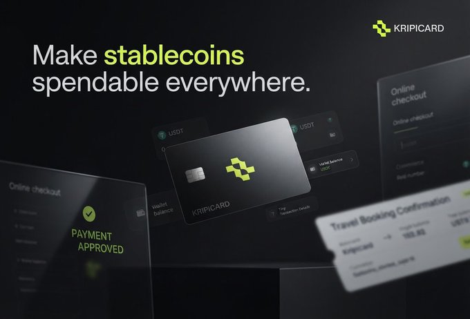 A promotional graphic for KRIPICARD with the tagline 'Make stablecoins spendable everywhere,' showing a black card with the Kripicard logo alongside mockups of online checkouts and a travel booking confirmation.