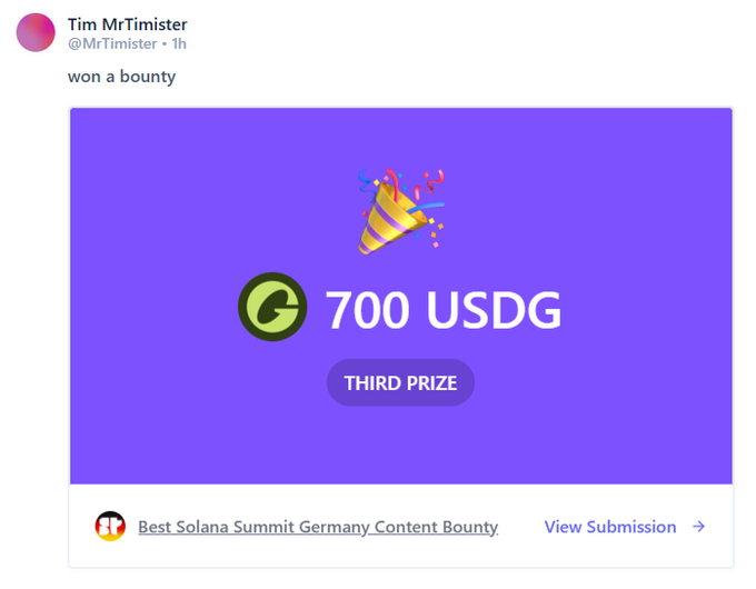A tweet from Tim MrTimister (@MrTimister) announcing 'won a bounty' of 700 USDG as THIRD PRIZE for the Best Solana Summit Germany Content Bounty.