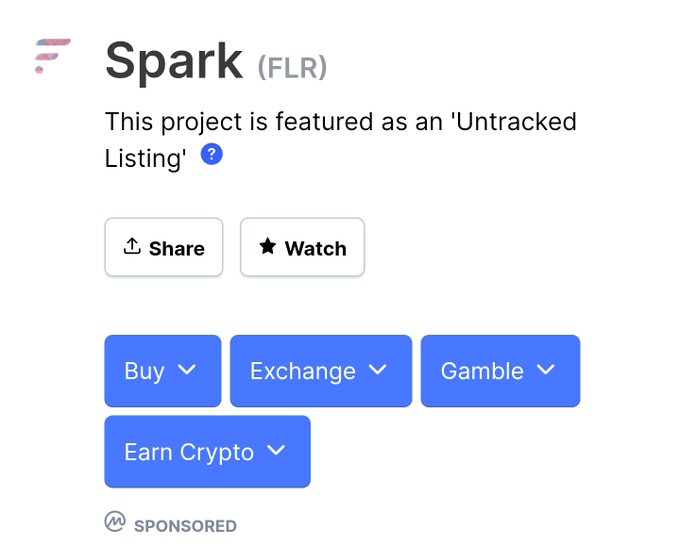 A tracking page for "Spark (FLR)" showing an "Untracked Listing" warning with options to Buy, Exchange, Gamble, or Earn Crypto, with a sponsored label at the bottom.