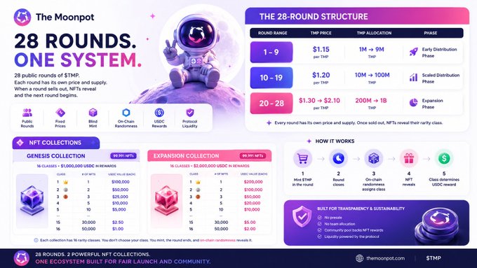 An infographic for "The Moonpot" explaining "28 ROUNDS, ONE SYSTEM" of public STMP rounds, detailing the 28-round structure with phases (Early Distribution, Scaled Distribution, Expansion Phase), Genesis and Expansion NFT Collections, and how it works with an astronaut mascot.