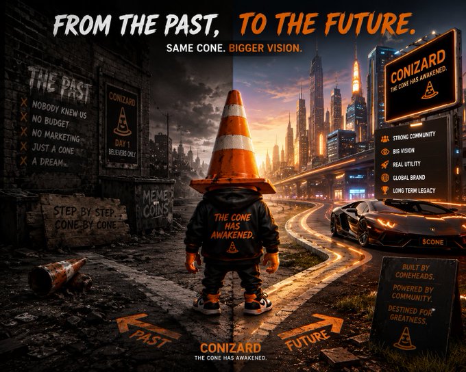 A promotional graphic for 'CONIZARD' contrasts a gritty past with a futuristic city, showing a character in a traffic cone hat and a sports car, with text like 'FROM THE PAST, TO THE FUTURE.' and 'THE CONE HAS AWAKENED.'
