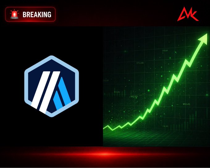 A breaking news graphic featuring a blue hexagonal logo with ascending bars next to a green upward-trending chart with an arrow, indicating a bullish market movement.