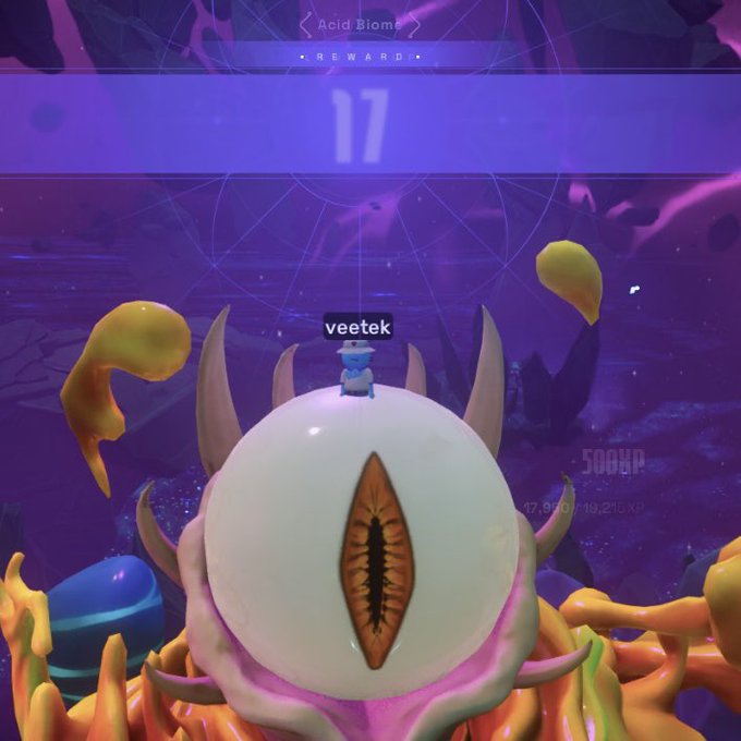 A player named "veetek" stands atop a giant, watchful eyeball-like creature in an eerie purple underwater/oceanic environment, facing an upcoming challenge labeled "Acid Blomh" with the warning "BEWARE" and a timer showing "11," while earning 500 YP and over 7,800 XP toward level 17 in the Otherside game.
