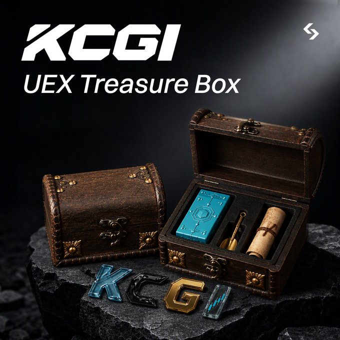 Promotional image for 'KCGI UEX Treasure Box' featuring wooden treasure chests, a blue glowing device, a key, and a scroll, with metallic KCG letters displayed.