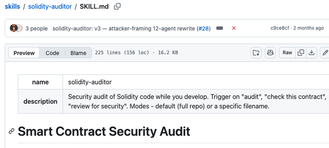 The image shows a GitHub repository page for "solidity-auditor" skill (v3 - attacker-framing 12-agent rewrite #28, commit c9ce8cf, 2 months ago) with a description: "Security audit of Solidity code while you develop. Trigger on 'audit', 'check this contract', 'review for security'. Modes - default (full repo) or a specific filename." The post references solidity-auditor v4 being developed by @0xFireFist, which is an upcoming version of this skill showing improved vulnerability detection capabilities.