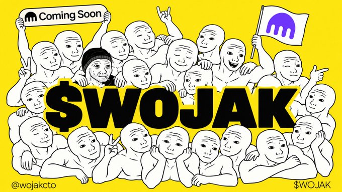 A promotional graphic with a yellow background shows multiple 'Wojak' cartoon faces surrounding the text '$WOJAK', with a 'Coming Soon' banner and the handle '@wojakcto'.