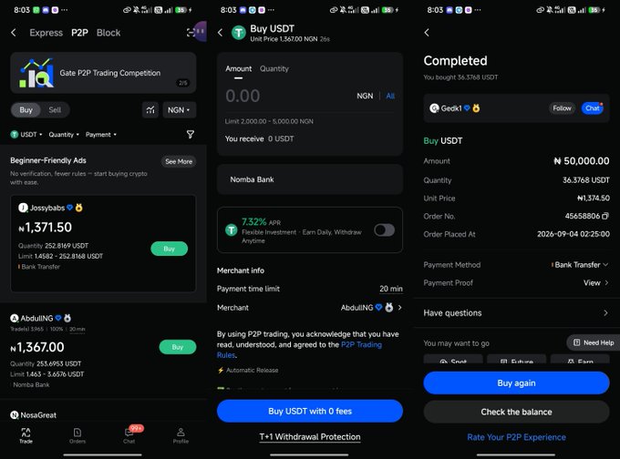 Three screenshots of a Gate.io P2P Trading app showing USDT purchase screens with NGN (Naira) currency, including a completed order for 50,000 NGN buying 36.3768 USDT via bank transfer.