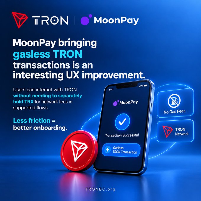 A promotional graphic for TRON and MoonPay announcing gasless TRON transactions, showing a smartphone displaying a 'Transaction Successful' screen with 'No Gas Fees' and 'TRON Network' badges.