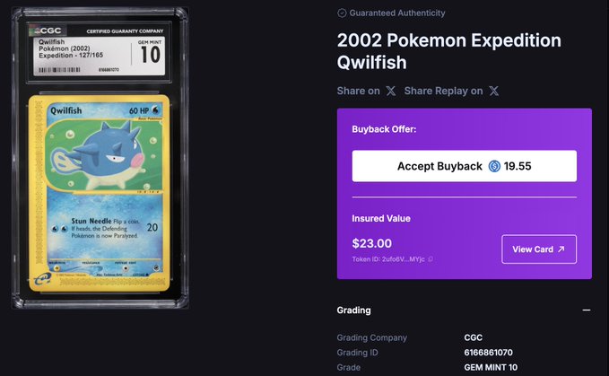 A screenshot showing a CGC-graded 2002 Pokemon Expedition Qwilfish card with a grade of 10, displaying a buyback offer of 19.55 and an insured value of $23.00.