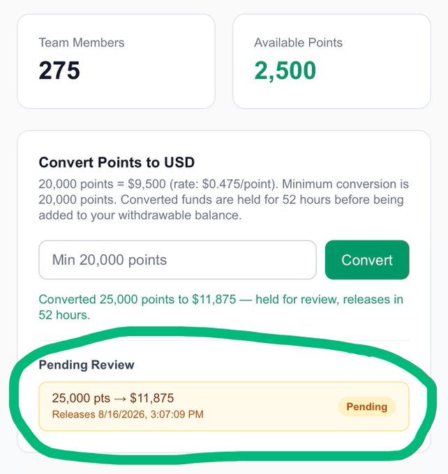 A wallet dashboard shows 275 team members and 2,500 available points, with 25,000 points ($11,875) pending review until 8/16/2026 at 3:07:09 PM. It supports the post’s claim of giving back $5,000 by showing pending team-derived funds.