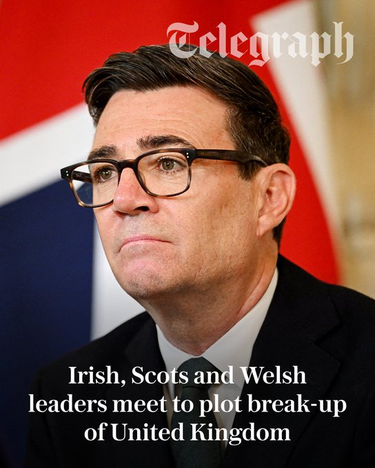 A news article image from 'Telegraph' featuring a man in glasses with the headline 'Irish, Scots and Welsh leaders meet to plot break-up of United Kingdom.'