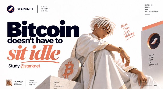 A Starknet "Bitcoin DeFi. Real Possibilities." ad campaign slide featuring a seated model with white dreadlocks holding a Bitcoin token, with the bold headline "Bitcoin doesn't have to sit idle" and tagline "More Than Just Holding," visually reinforcing the post's message that Bitcoin shouldn't simply sit in a wallet but can be actively used in DeFi.