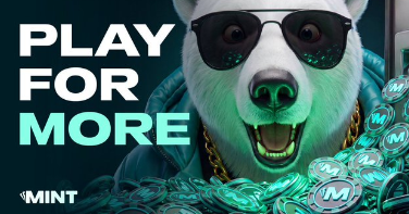 Mint cryptocurrency advertisement with text 'PLAY FOR MORE' featuring an anthropomorphic white dog wearing sunglasses and gold chains surrounded by MINT coins.