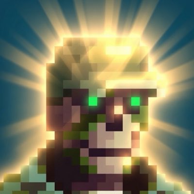 A pixel art character with glowing green eyes surrounded by radiant golden light beams emanating outward against a blue background.