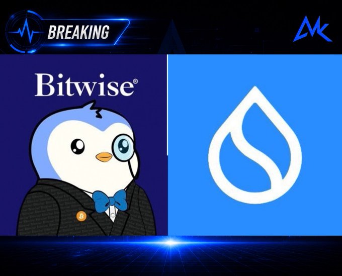 A breaking news graphic from Bitwise featuring a penguin mascot in a suit with a monocle on the left, and the Sui cryptocurrency logo on the right.