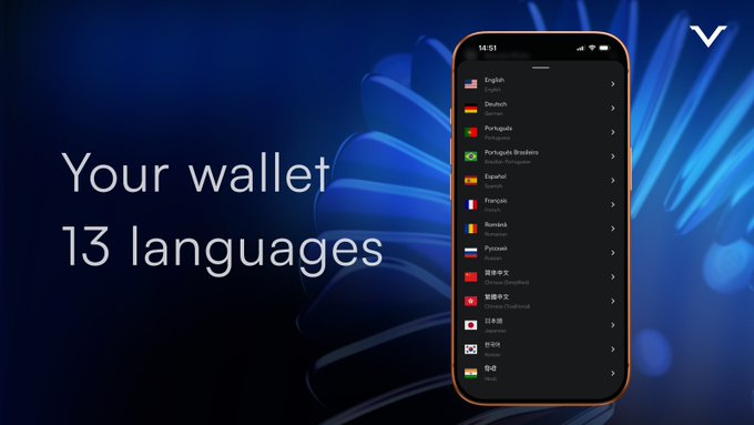 A promotional graphic featuring a smartphone displaying a language selection menu (including English, German, Portuguese, French, and others), with the text 'Your wallet 13 languages' on a blue abstract background, branded with a 'V' logo.