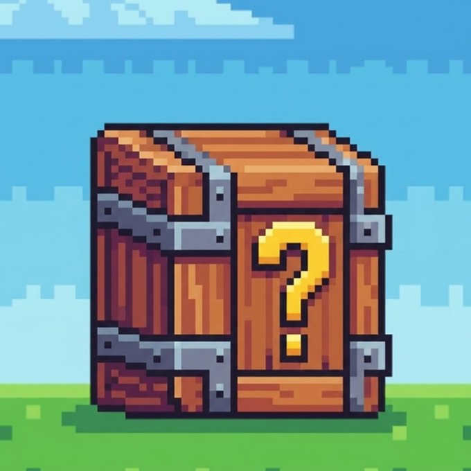 A pixel art illustration of a brown wooden treasure chest with metal bands and a large yellow question mark on its front, set against a green grass and blue sky background.