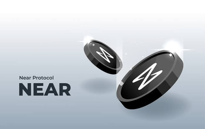 A promotional image for Near Protocol (NEAR) cryptocurrency featuring two black coins with the NEAR logo on a light gradient background.