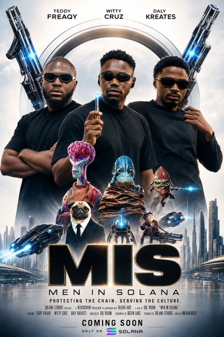 A movie-style poster features three men in black shirts and sunglasses, flanked by large futuristic guns, with aliens, a pug in a suit, and futuristic city elements below. The poster credits "Teddy Freaky," "Witty Cruz," and "Dalv Kreates" as leads and prominently displays the title "MIS: Men in Solana," with "Coming Soon" and the Solana logo at the bottom—parodying the Men in Black franchise to promote the Men in Solana (MIS) crypto project.