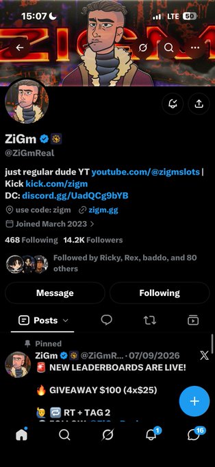 A Twitter/X profile page for "ZiGm" (@ZiGmReal) with a verified blue checkmark, showing 468 Following, 14.2K Followers, joined March 2023, and a pinned post about new leaderboards and a giveaway. The profile picture shows a cartoon avatar of a man in a fur-lined jacket.