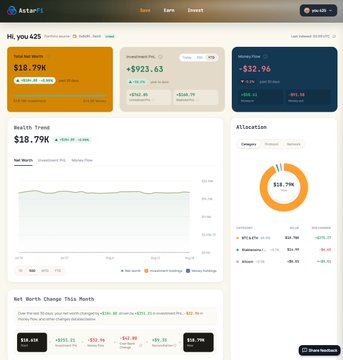 AstarFi’s private beta portfolio dashboard shows a “Total Net Worth” of $18.79K, with “Save” at +$923.63, “Invest” at -$32.86, allocation of 75.71% and 24.29%, and a Net Worth Change this Month ending at $18.79K. The image supports the post’s description of AstarFi’s portfolio distribution, PnL, DeFi earning, and investing features.