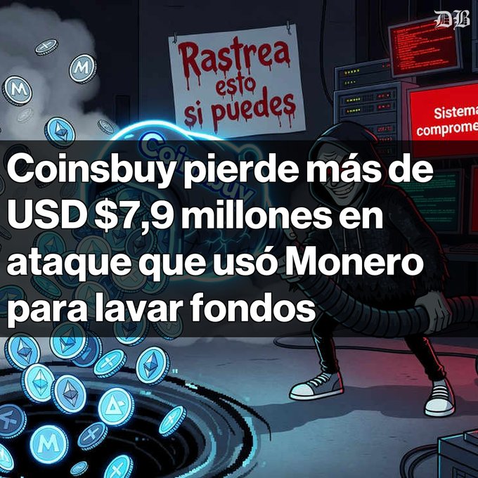 An illustrated news graphic with Spanish text 'Rastrea esto si puedes' on a bloody sign, showing a hooded figure near coins with overlay text reading 'Coinsbuy pierde más de USD $7,9 millones en ataque que usó Monero para lavar fondos'.