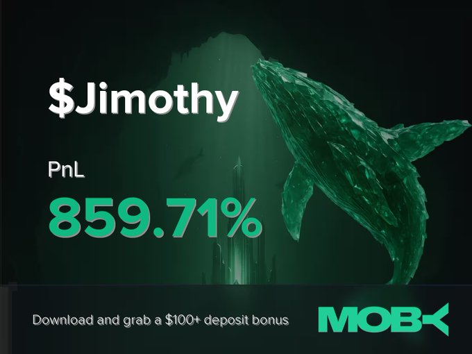 A dark green promotional graphic from Moby featuring a crystalline whale silhouette alongside the username "$Jimothy" and a PnL of "859.71%" in large green text, with a banner at the bottom advertising a "$100+ deposit bonus" for downloading the app. The image visually celebrates the trader's 859.71% gain on the $Jimothy token mentioned in the win alert post.