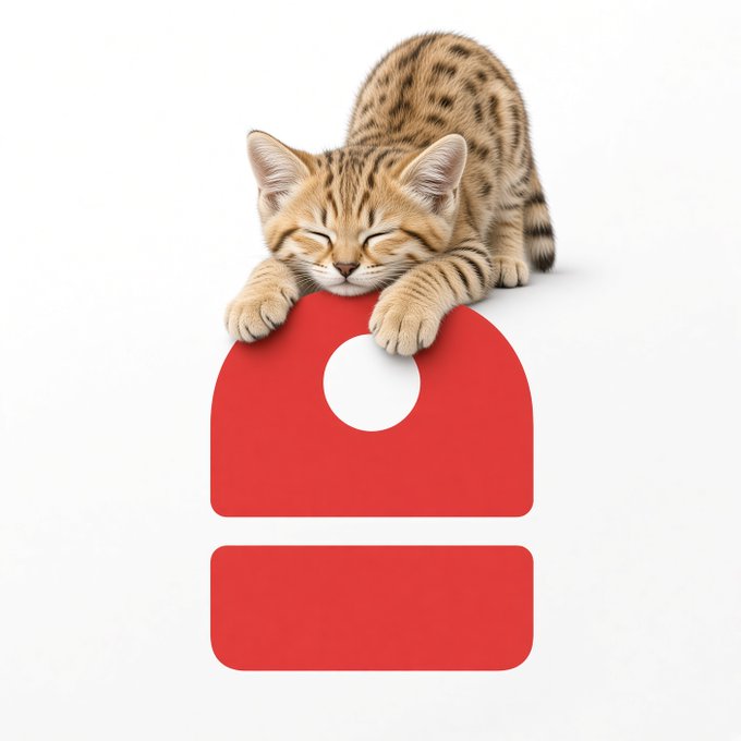 A tabby kitten with closed eyes rests its paws on a red bell-shaped logo with a white circle cutout. The image playfully represents a "cat bell," possibly alluding to the token launch announcement for the stock token mentioned in the post.